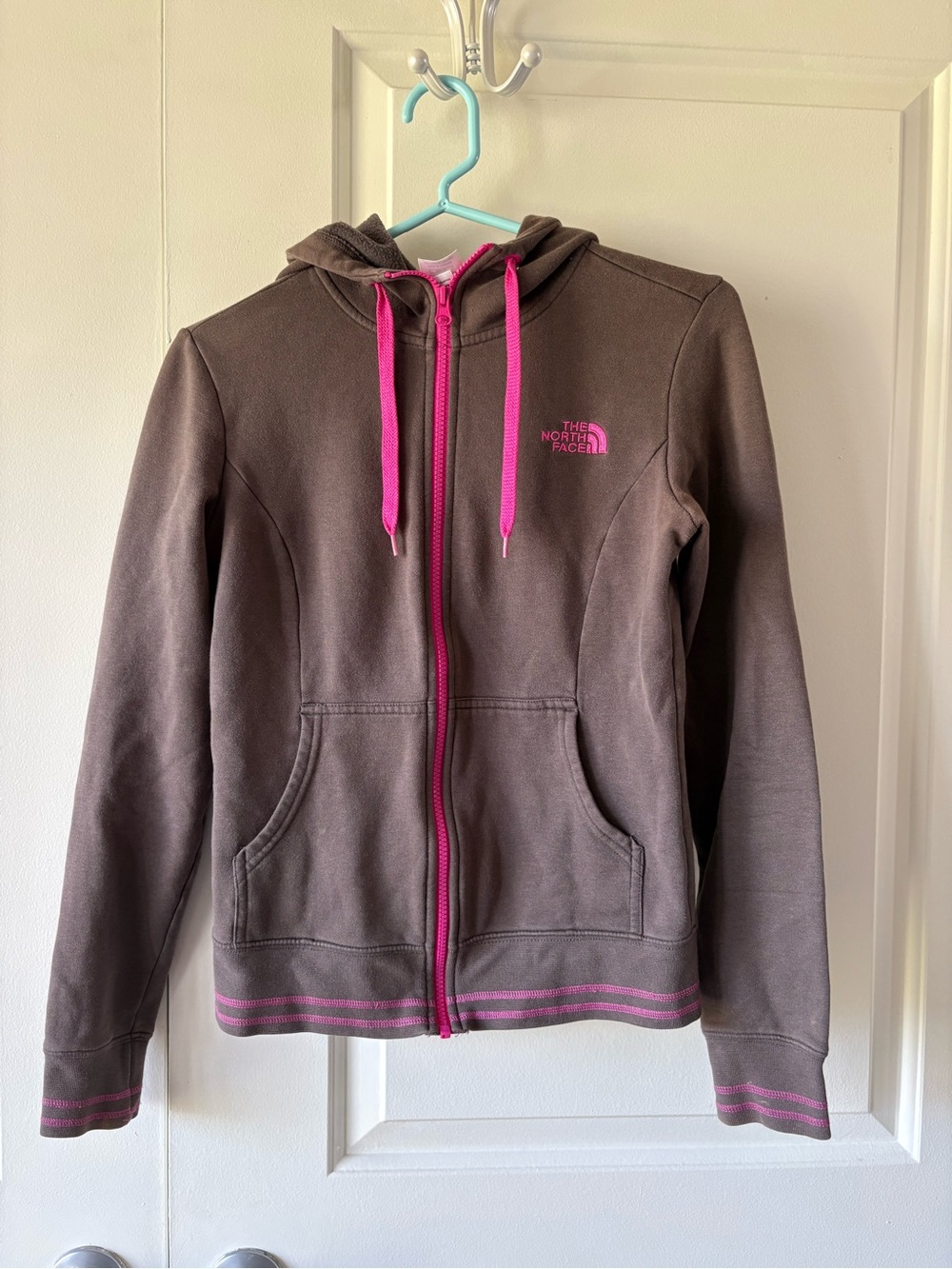 The North Face Brown Zip Hoodie Jacket with Pink Accents